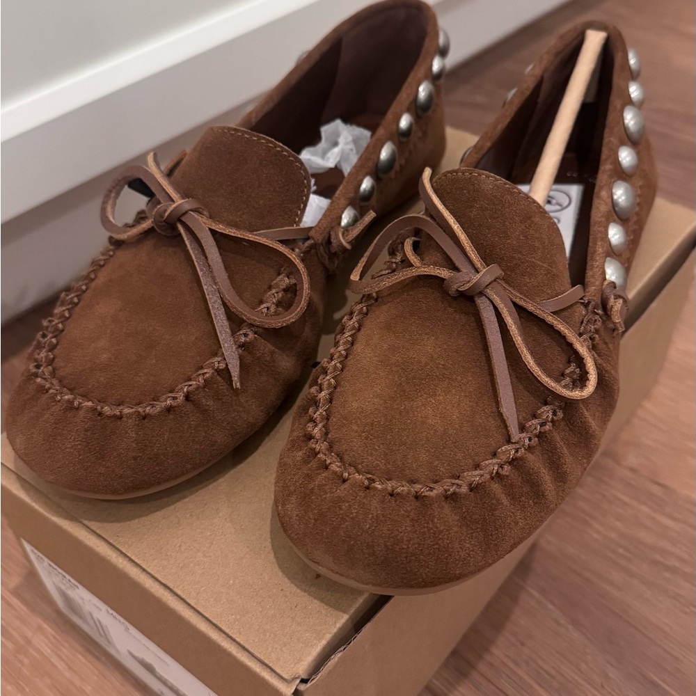Authentic New Mango Brown Suede Moccasins silver Stud Accents Sz EUR37 US 6 1/2